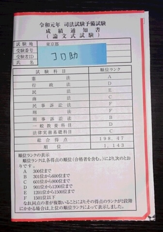 コロ助の2019年予備論文成績